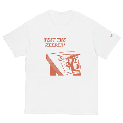 White Men's Classic Tee with 'Test The Keeper' Design